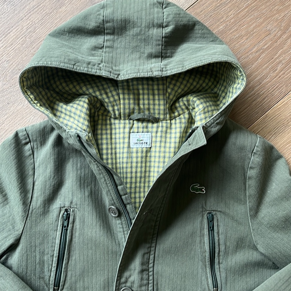Children’s Lacoste Twill + Flannel Hooded Mid-Weight Hooded Jacket. Olive Green.